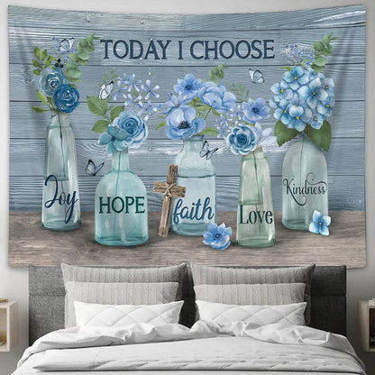 Today I choose joy Blue flower garden Cross Tapestry Wall Art - Bible Verse Tapestry - Religious Tapestry Wall Hanging