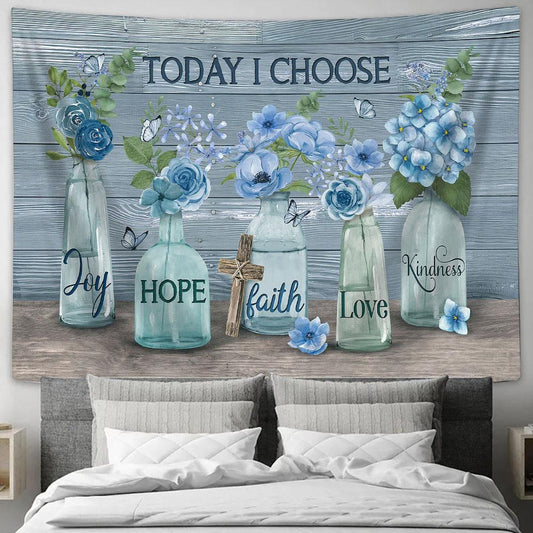 Today I choose joy Blue flower garden Cross Tapestry Wall Art - Bible Verse Tapestry - Religious Tapestry Wall Hanging