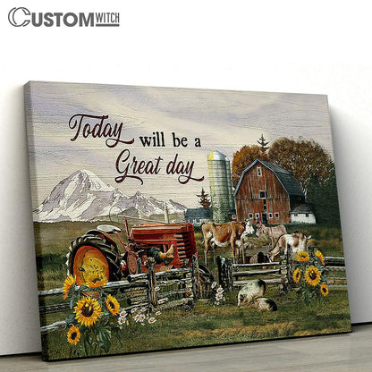 Today will be a great day Farm animals Sunflower Canvas Wall Art - Bible Verse Canvas - Religious Prints