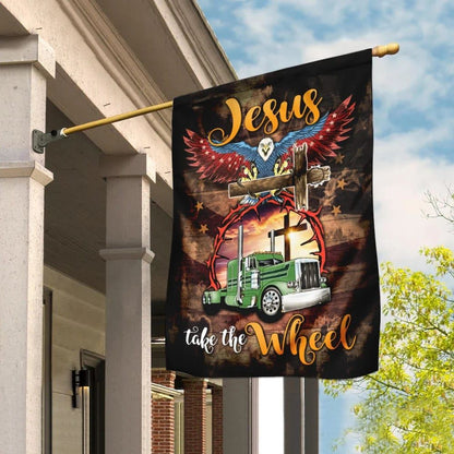 Trucker Jesus Take The Wheel House Flag, Outdoor Religious Flags, Christian Flag, Scripture Flag, Garden Banner