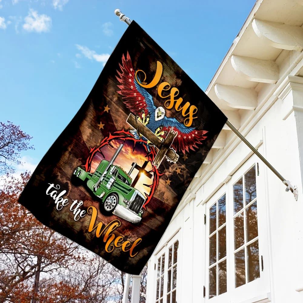 Trucker Jesus Take The Wheel House Flag, Outdoor Religious Flags, Christian Flag, Scripture Flag, Garden Banner