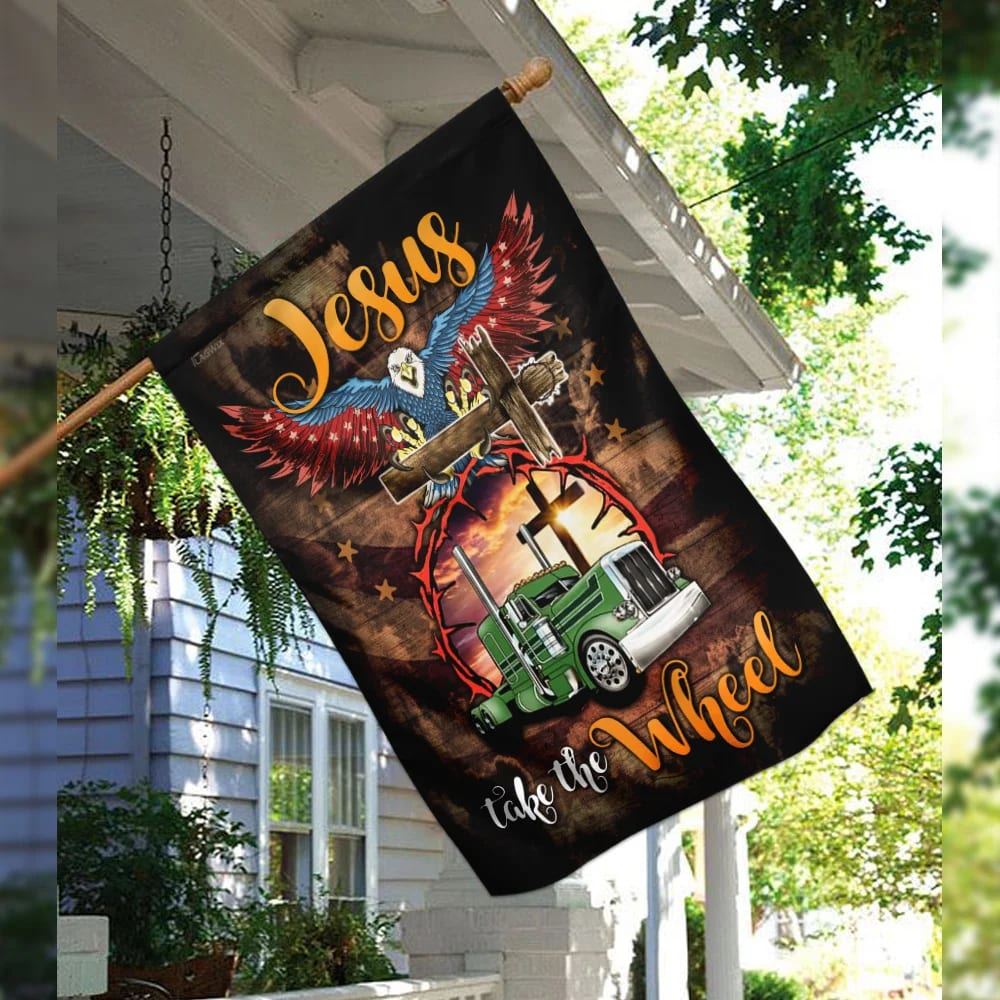Trucker Jesus Take The Wheel House Flag, Outdoor Religious Flags, Christian Flag, Scripture Flag, Garden Banner