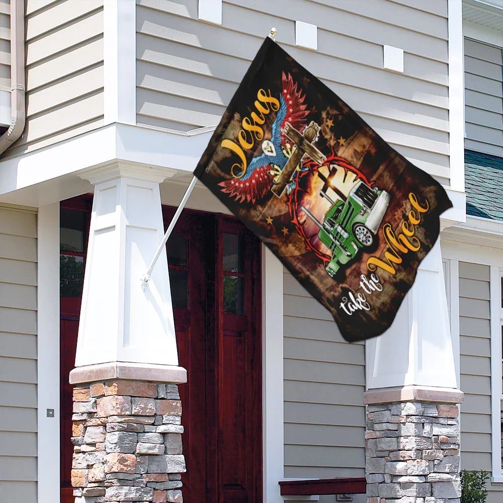 Trucker Jesus Take The Wheel House Flag, Outdoor Religious Flags, Christian Flag, Scripture Flag, Garden Banner