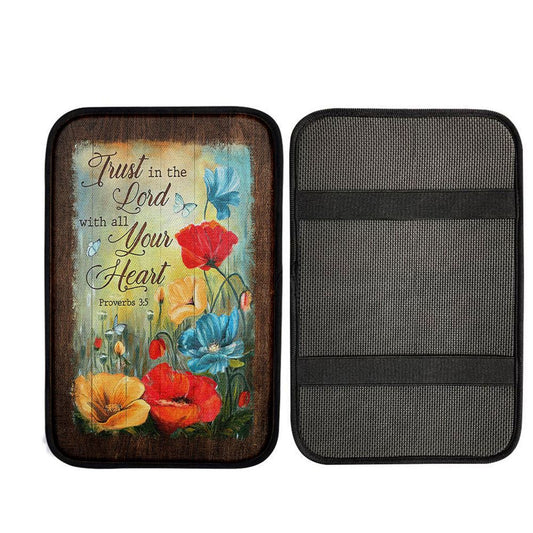 Trust In Lord With All Your Heart Poppy Butterfly Car Center Console Cover, Bible Verse Car Interior Accessories