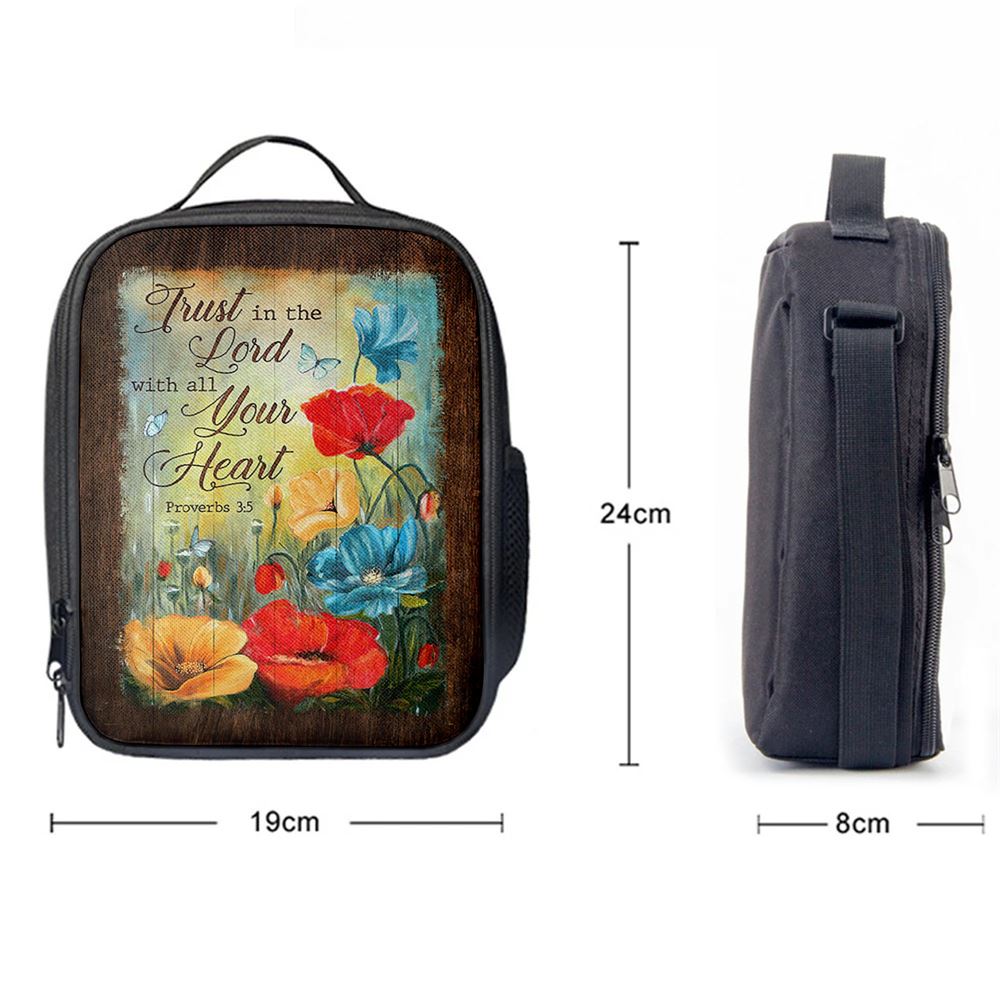 Trust In Lord With All Your Heart Poppy Butterfly Lunch Bag For Men And Women, Spiritual Christian Lunch Box For School, Work