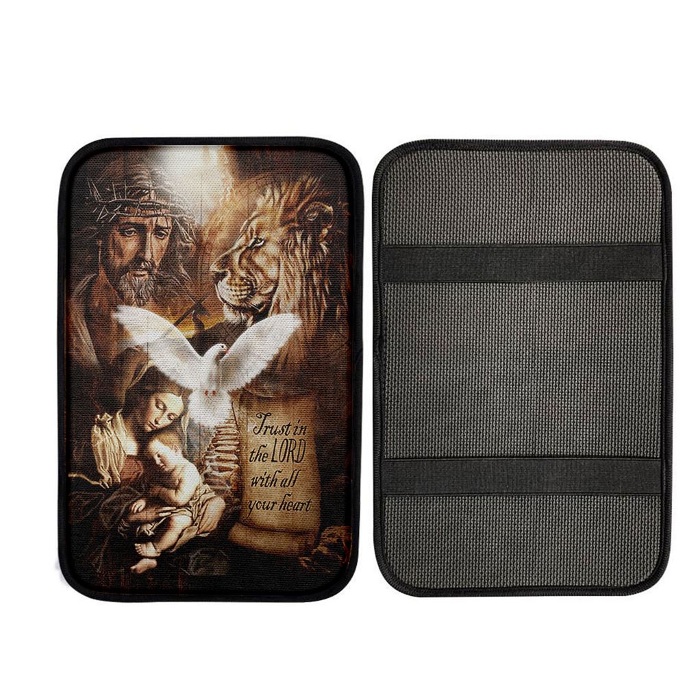 Trust In The Lord Car Armrest Pad - The Life Of Jesus Lion Dove Car Center Console Cover, Christ Car Interior Accessories