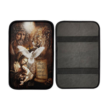 Trust In The Lord Car Armrest Pad - The Life Of Jesus Lion Dove Car Center Console Cover, Christ Car Interior Accessories