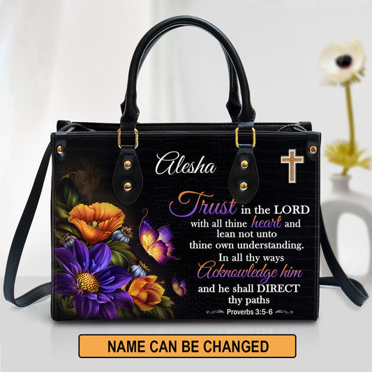Trust In The Lord With All Thine Heart Leather Bag, Personalized Leather Bag With Handle For Christian Women