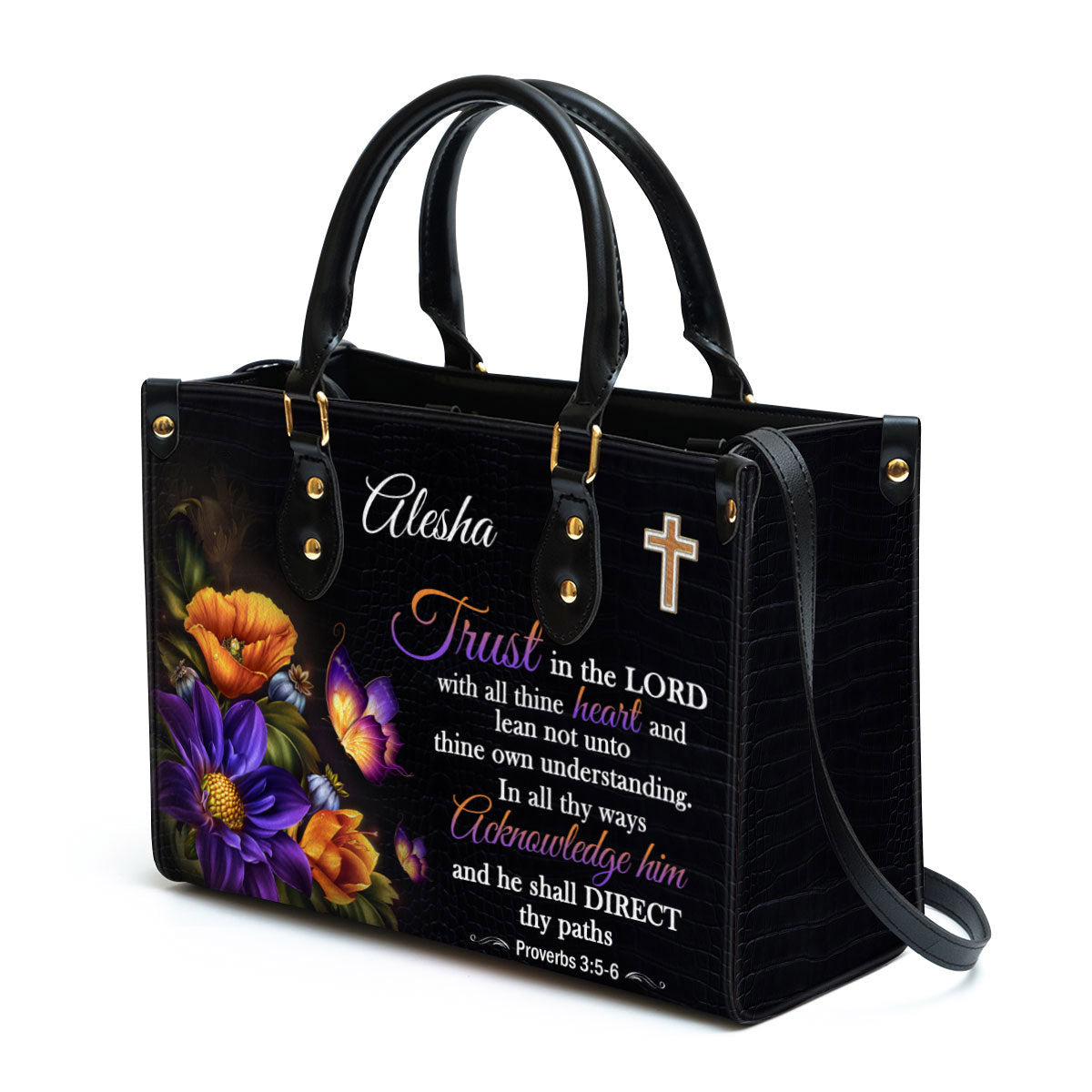 Trust In The Lord With All Thine Heart Leather Bag, Personalized Leather Bag With Handle For Christian Women
