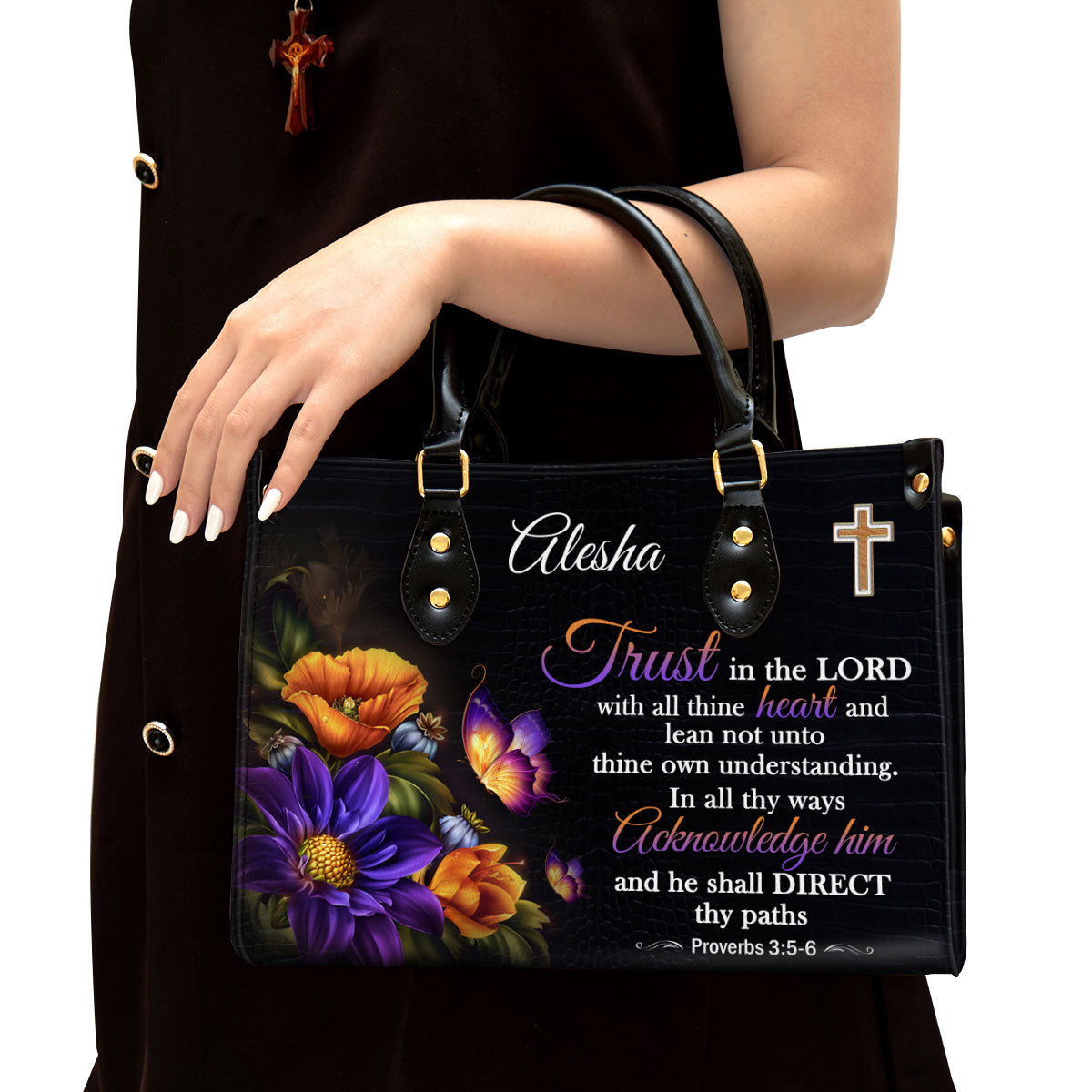 Trust In The Lord With All Thine Heart Leather Bag, Personalized Leather Bag With Handle For Christian Women