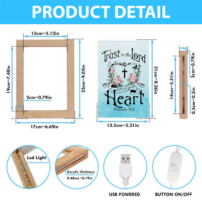 Trust In The Lord With All Your Heart Proverbs 35 Frame Lamp Art - Christian Night Light - Religious Decor