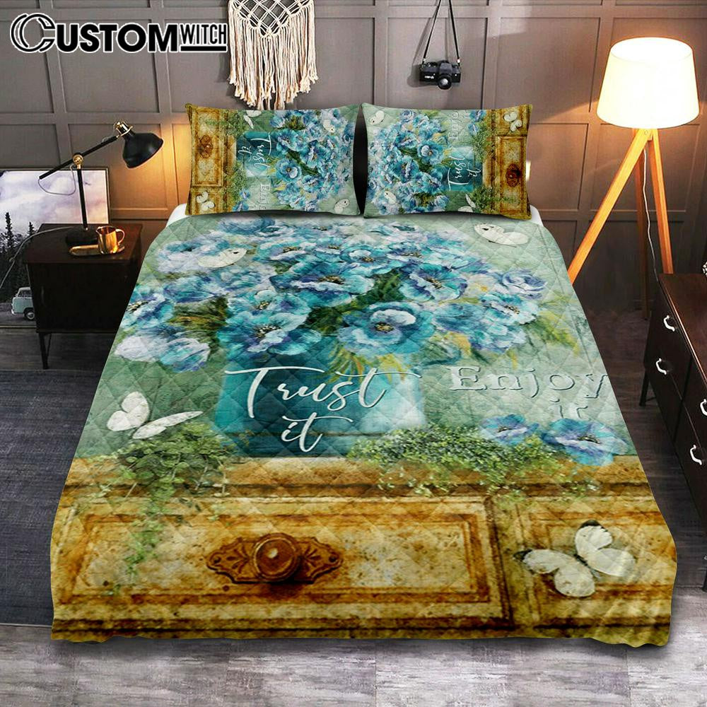 Trust It Enjoy It God Quilt Bedding Set Prints - Christian Cover Twin Bedding Decor - Bible Verse Quilt Bedding Set Art