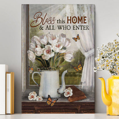 Tulip Butterfly Bless This Home Canvas Art - Christian Art - Bible Verse Wall Art - Religious Home Decor