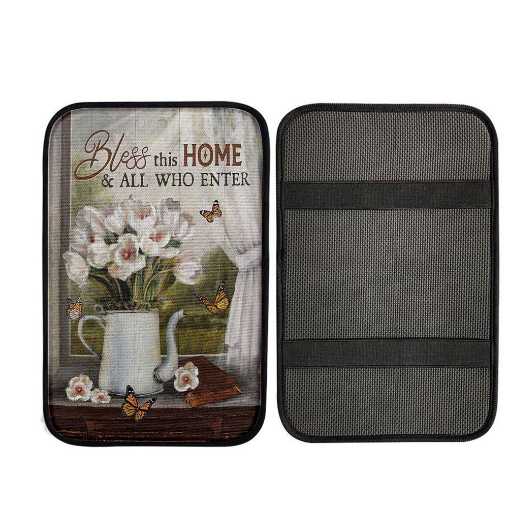 Tulip Butterfly Bless This Home Car Center Console Cover, Bible Verse Car Interior Accessories