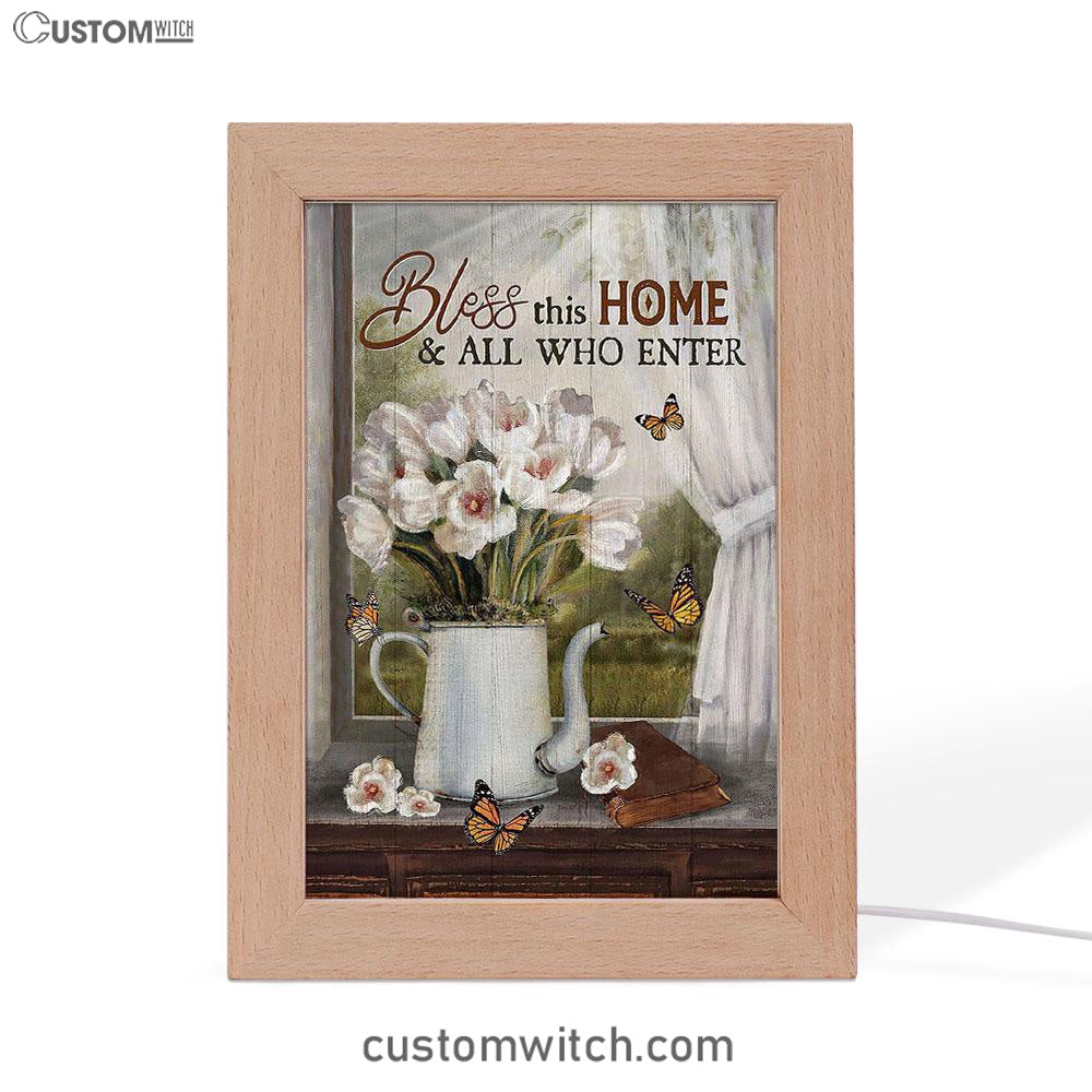 Tulip Butterfly Bless This Home Frame Lamp Art - Christian Art - Bible Verse Art - Religious Home Decor