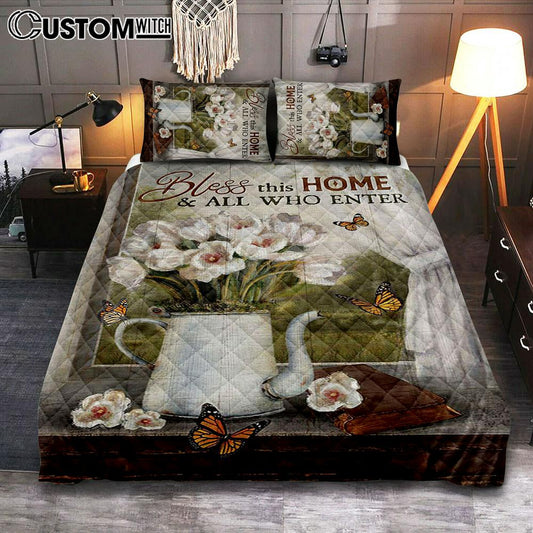 Tulip Butterfly Bless This Home Quilt Bedding Set Art - Christian Art - Bible Verse Bedroom - Religious Home Decor