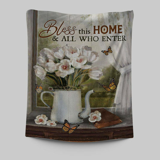 Tulip Butterfly Bless This Home Tapestry Art - Christian Art - Bible Verse Wall Art - Religious Home Decor