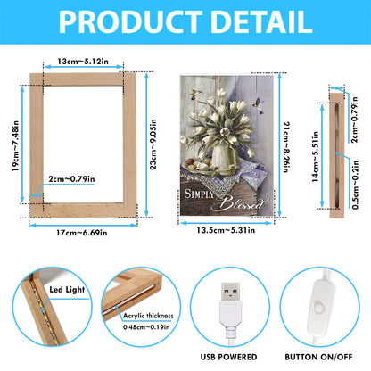 Tulip Vase Hummingbird Still Life - Simply Blessed Frame Lamp Art - Bible Verse Wooden Lamp - Inspirational Art - Christian Home Decor