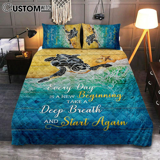 Turtle Every Day Is A New Beginning Quilt Bedding Set Print - Inspirational Quilt Bedding Set Art - Christian Bedroom Home Decor