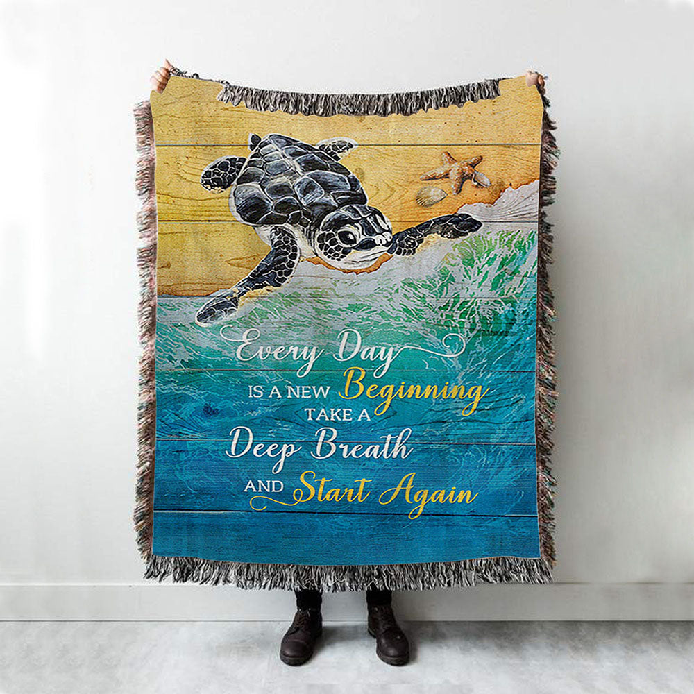 Turtle Every Day Is A New Beginning Woven Blanket Print - Inspirational Woven Blanket Art - Christian Throw Blanket Home Decor