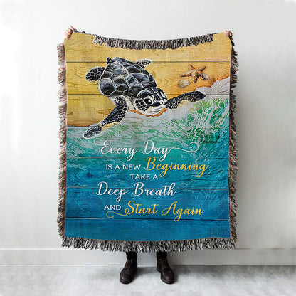 Turtle Every Day Is A New Beginning Woven Blanket Print - Inspirational Woven Blanket Art - Christian Throw Blanket Home Decor