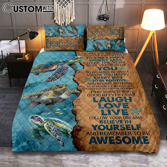 Turtle Today Is A Good Day To Have A Great Day Quilt Bedding Set Art - Christian Art - Bible Verse Bedroom - Religious Home Decor