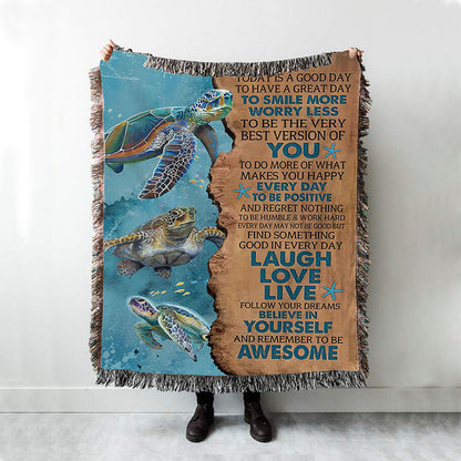 Turtle Today Is A Good Day To Have A Great Day Woven Blanket Art - Christian Art - Bible Verse Throw Blanket - Religious Home Decor