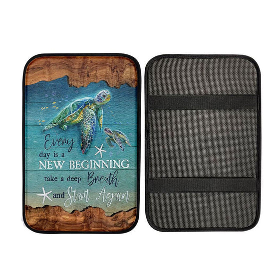 Turtle Under The Ocean Everyday Is A New Beginning Car Center Console Cover, Christian Car Interior Accessories