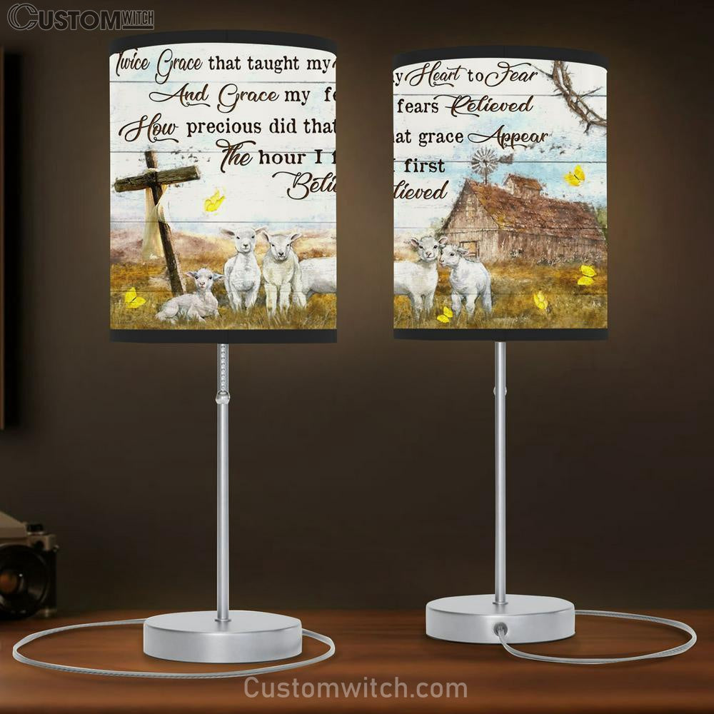 Twice Grace That Taught My Heart To Fear And Grace My Fears Relieved Table Lamb - The Lamb Cross Barn Large Table Lamb - Religious Table Lamb Art