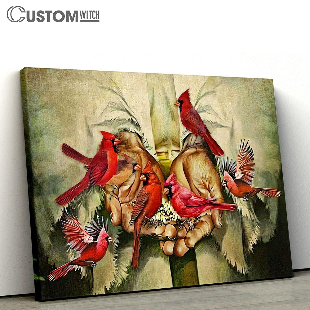 Two Hand And Red Cardinal Birds Canvas Wall Art - Bible Verse Wall Art - Christian Home Decor