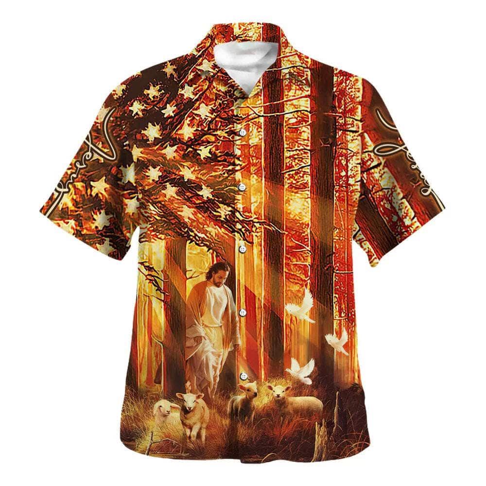 US Flag Jesus Walking In The Forest With The Sheep Hawaiian Shirt For Men, Christian Hawaiian Shirt, Gift For Christian