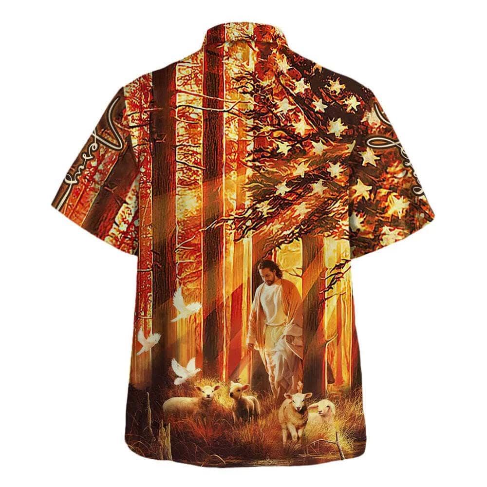 US Flag Jesus Walking In The Forest With The Sheep Hawaiian Shirt For Men, Christian Hawaiian Shirt, Gift For Christian
