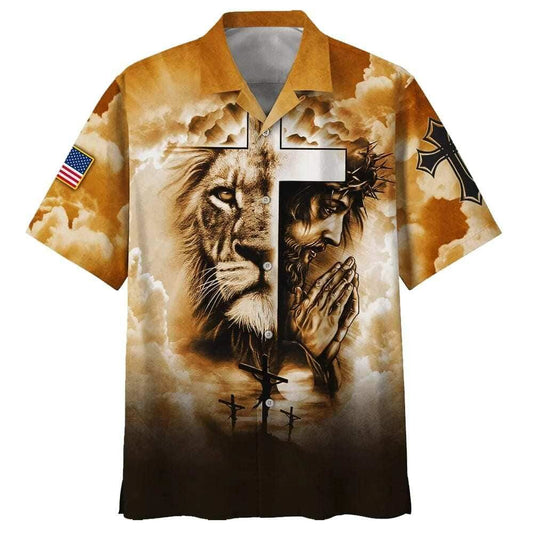 US Flag Lion Pray With Jesus On The Cross Christian Faith Hawaiian Shirt For Men, Christian Hawaiian Shirt, Gift For Christian