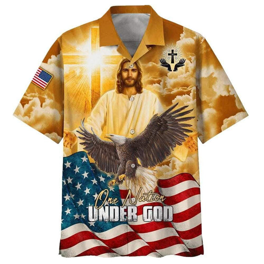 US Flag One Nation Under God Jesus Eagle American Christian Faith Hawaiian Shirt, Christian Hawaiian Shirt, Religious Gift