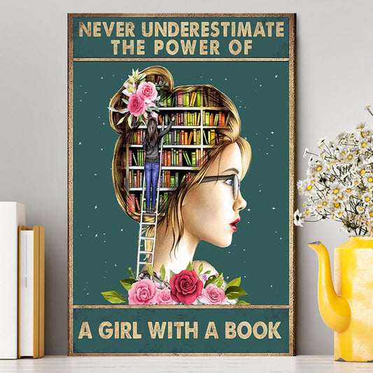 Underestimate A Girl With A Book Canvas - Inspirational Class Wall Art Decor - Decoration For Girls Bedroom