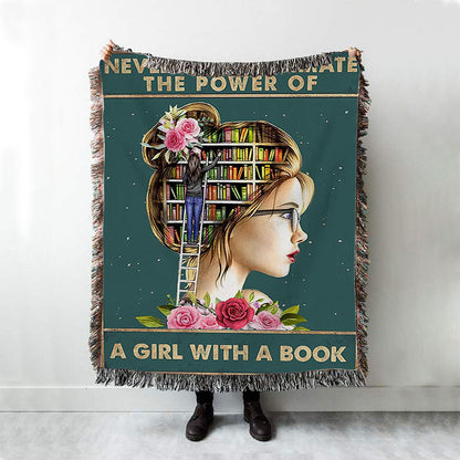 Underestimate A Girl With A Book Woven Blanket - Inspirational Class Throw Blanket Decor - Decoration For Girls Bedroom