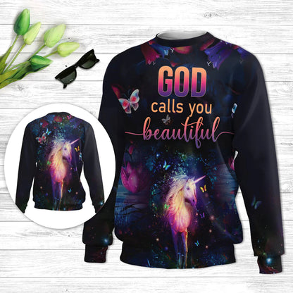 Unicorn And Butterfly God Calls You Beautiful Ugly Christmas Sweater - Christian Unisex Sweater - Religious Christmas Gift