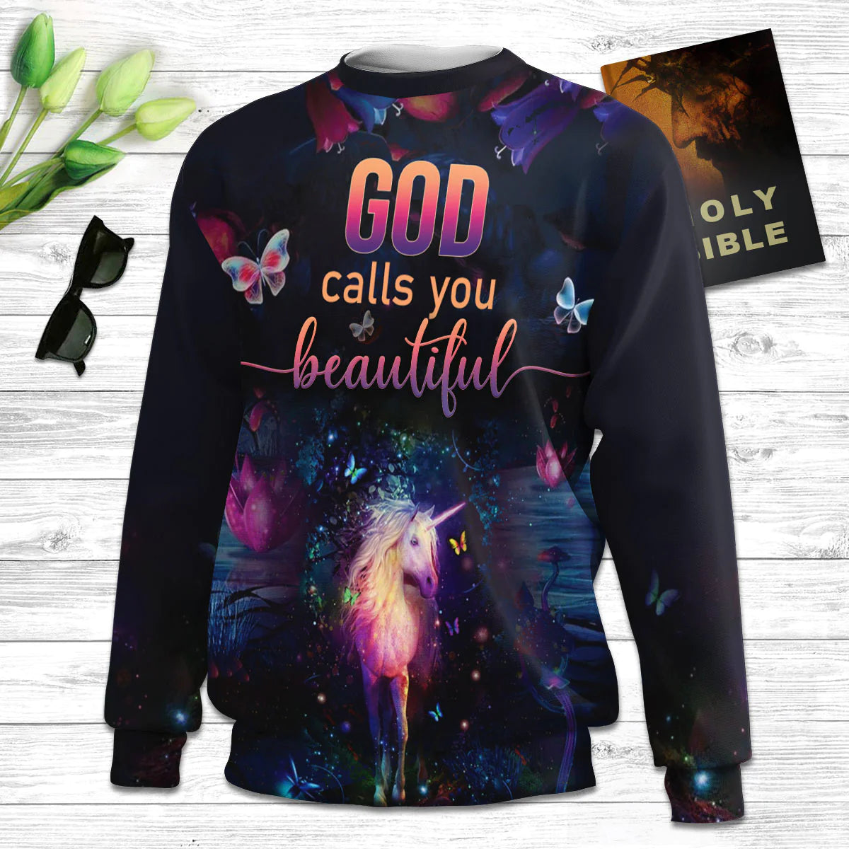 Unicorn And Butterfly God Calls You Beautiful Ugly Christmas Sweater - Christian Unisex Sweater - Religious Christmas Gift