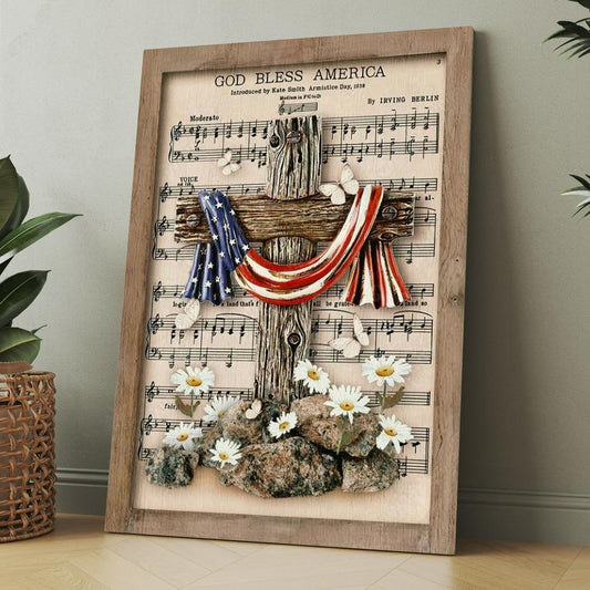 Unique Cross Vintage Music Sheet American Flag God Bless America Canvas, Christmas Gift for Christian