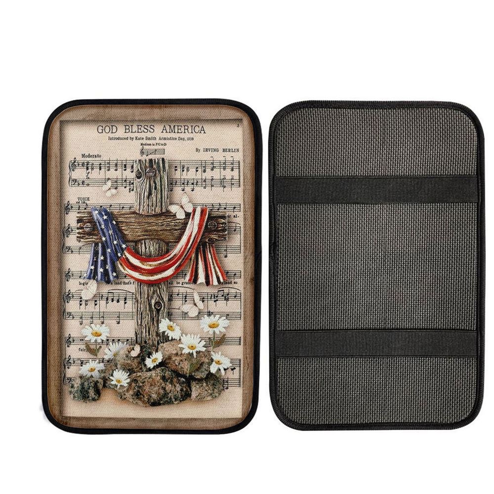 Unique Cross Vintage Music Sheet American Flag God Bless America Car Center Console Cover, Car Armrest Pad, Christian Gift, Armrest Box Mat