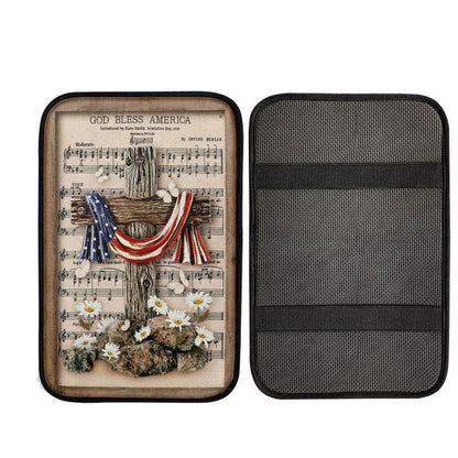 Unique Cross Vintage Music Sheet American Flag God Bless America Car Center Console Cover, Car Armrest Pad, Christian Gift, Armrest Box Mat