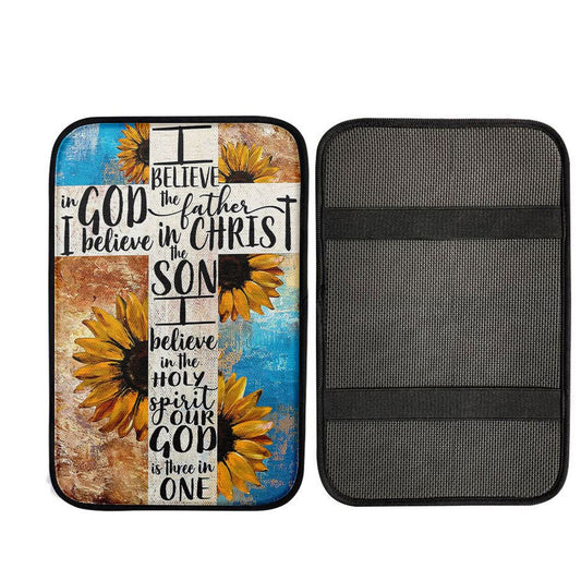 Unique Sunflower White Cross Our God Is Three In One Car Center Console Cover, Religious Car Interior Accessories
