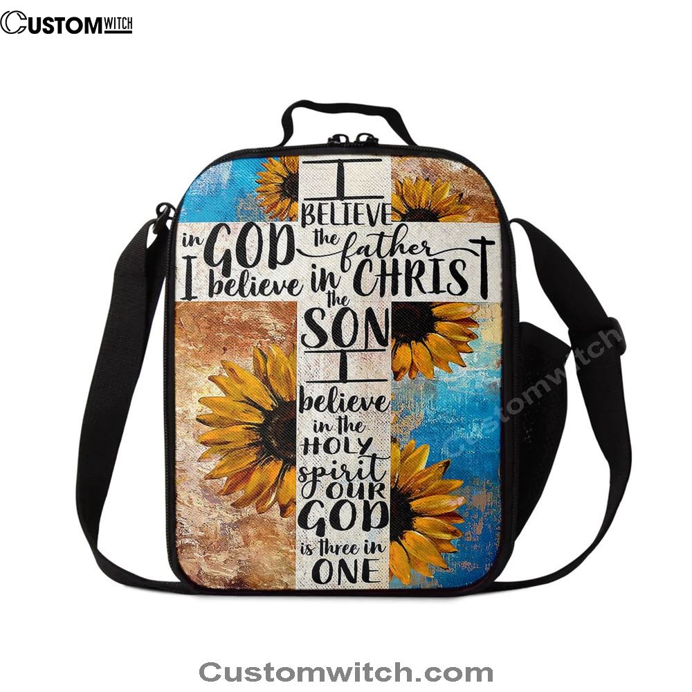 Unique Sunflower White Cross Our God Is Three In One Lunch Bag For Men And Women, Spiritual Christian Lunch Box For School, Work