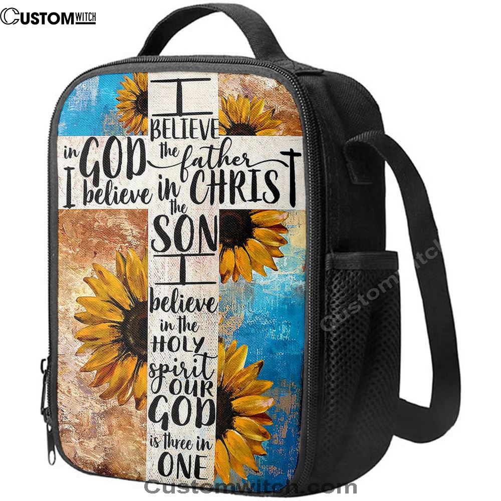 Unique Sunflower White Cross Our God Is Three In One Lunch Bag For Men And Women, Spiritual Christian Lunch Box For School, Work