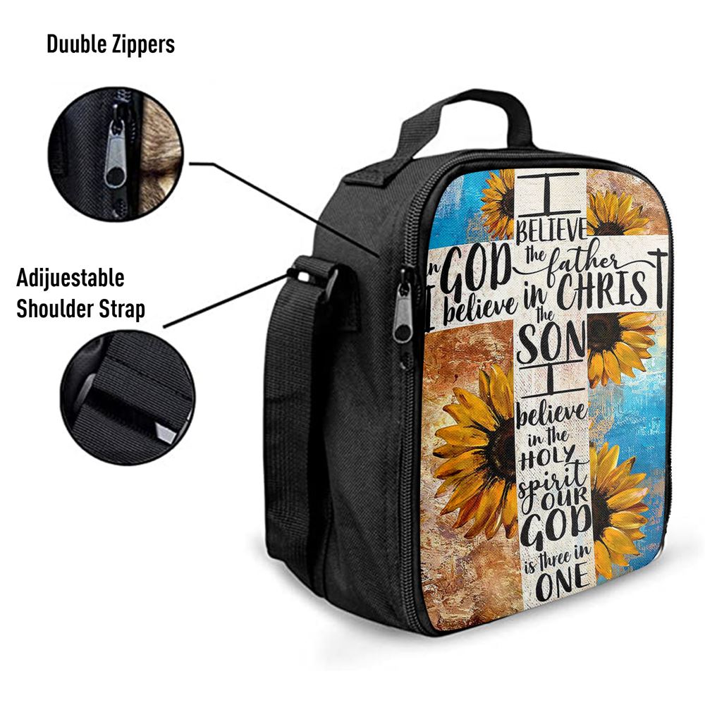 Unique Sunflower White Cross Our God Is Three In One Lunch Bag For Men And Women, Spiritual Christian Lunch Box For School, Work