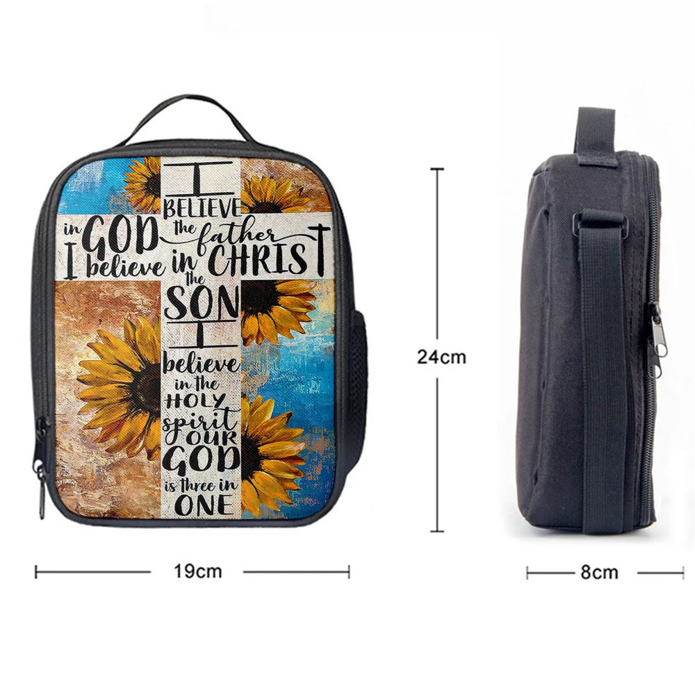 Unique Sunflower White Cross Our God Is Three In One Lunch Bag For Men And Women, Spiritual Christian Lunch Box For School, Work