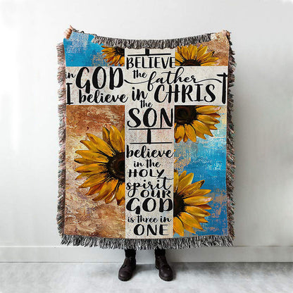 Unique Sunflower White Cross Our God Is Three In One Woven Blanket Art - Christian Art - Bible Verse Throw Blanket - Religious Home Decor