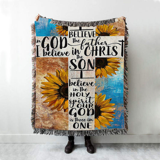 Unique Sunflower White Cross Our God Is Three In One Woven Blanket Art - Christian Art - Bible Verse Throw Blanket - Religious Home Decor
