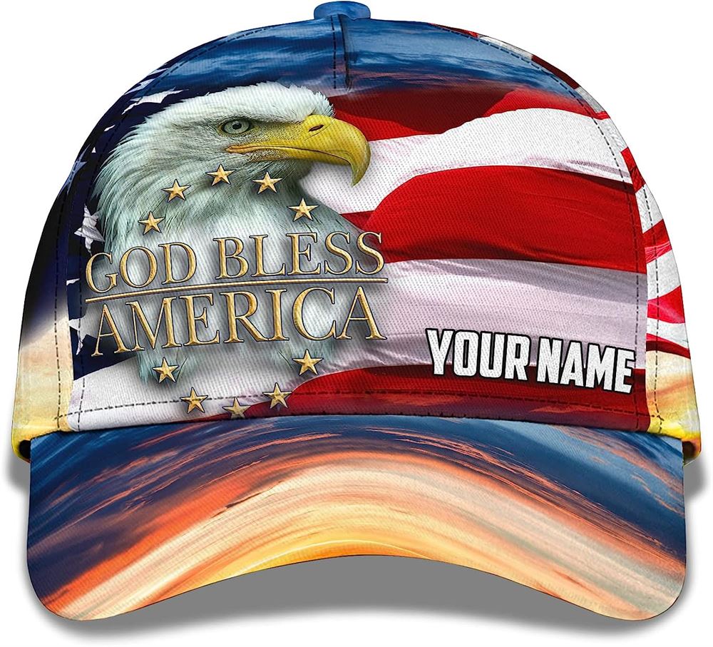 Us Flag With Cool Eagle God Bless America Custom Name Baseball Cap, Christian Baseball Cap, Religious Cap, Jesus Gift, Jesus Hat