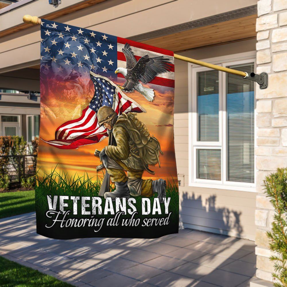 Veterans Day Honoring All Who Served Kneeling Soldier American Flag, Outdoor House Flags, Christian Flag, Scripture Flag, Garden Banner